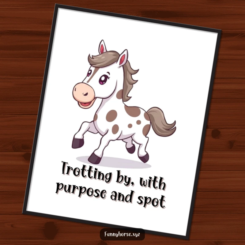 Funny Free Printable Wall Art showing a happy spotted horse with a determined expression, energetically trotting with focus and motivation.