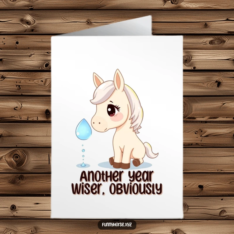 Funny Free Printable Birthday Card: Curious horse gently nudging a giant sparkling dewdrop, bringing whimsical birthday wishes.