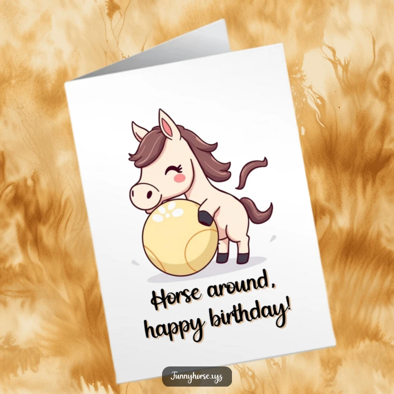Funny Free Printable Birthday Card: An energetic horse playfully nudging a colorful bouncing ball.