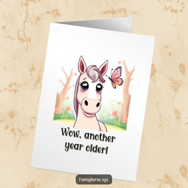 Funny Free Printable Birthday Card: A horse with enormous, surprised eyes gazes at a small, delicately fluttering butterfly nearby.