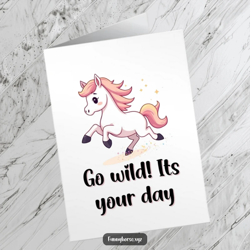 Funny Free Printable Birthday Card: Energetic horse kicking up a trail of shimmering stardust, celebrating with energy.
