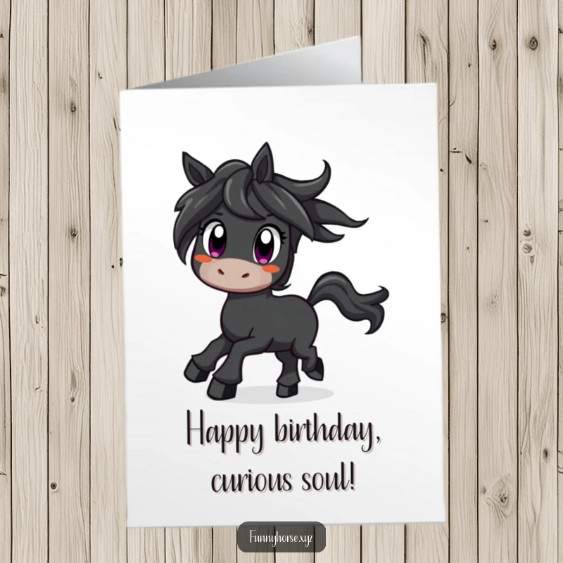 Funny Free Printable Birthday Card of a curious black horse with wide eyes prancing excitedly, full of wonder and anticipation.
