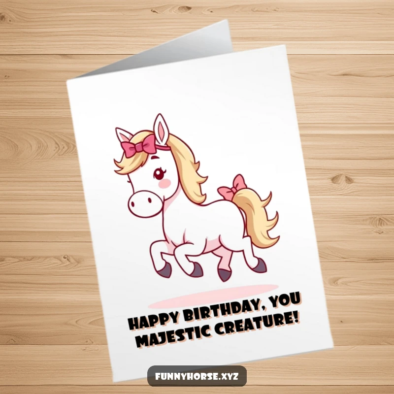 Funny Free Printable Birthday Card: A whimsical horse with a pink bow on its tail doing a cheerful little hop.