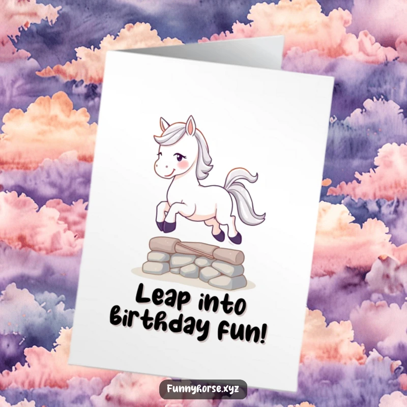 Funny Free Printable Birthday Card showing a playful white horse with a sparkling tail leaping energetically over a small, grassy obstacle.