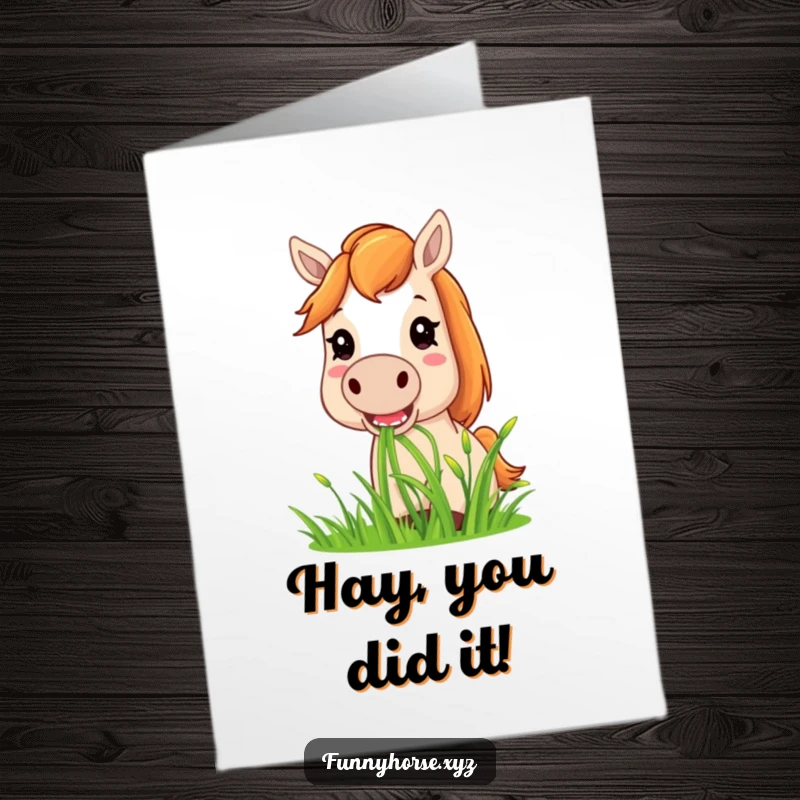 Funny Free Printable Congratulations Card: Content horse ecstatically munching on a huge pile of sweet, green grass.