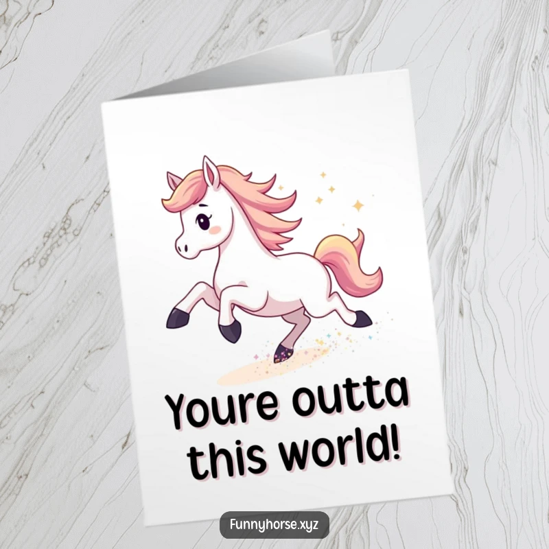 Funny Free Printable Congratulations Card: Energetic horse kicking up a trail of shimmering stardust, celebrating your victory.