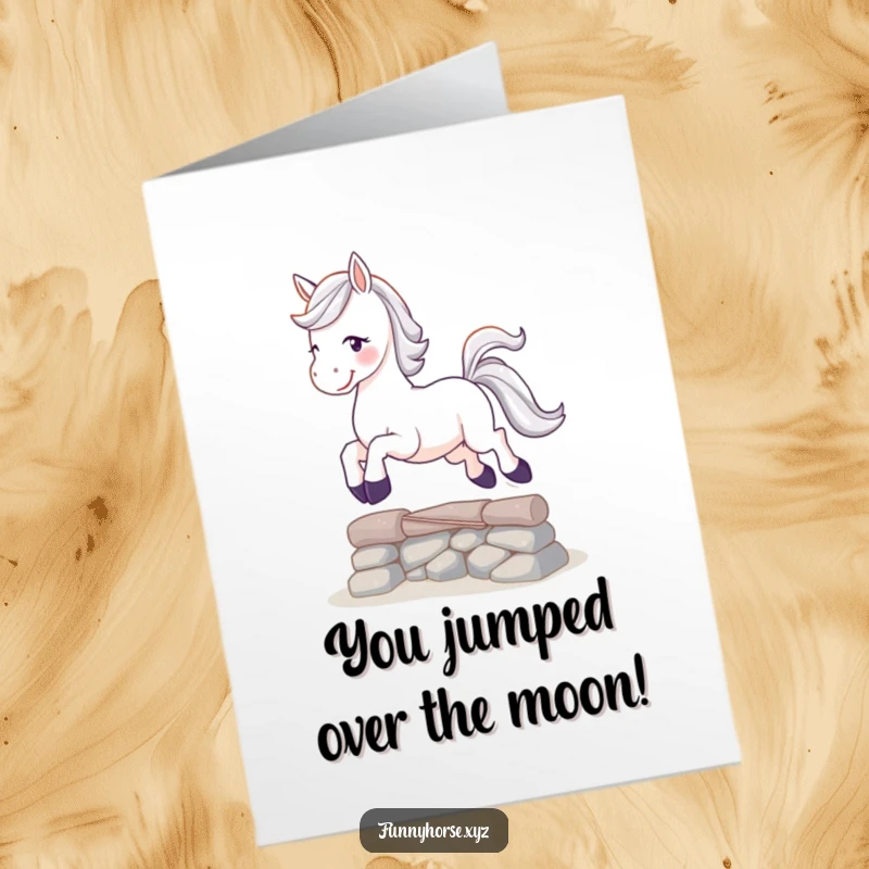Funny Free Printable Congratulations Card of a white horse with a sparkling tail playfully leaping over an obstacle with glee.