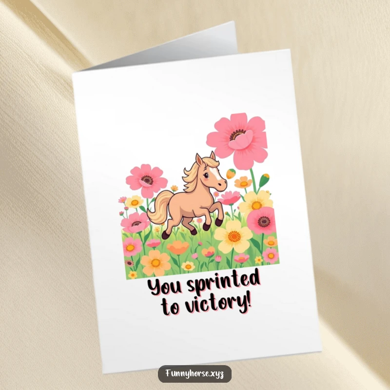 Funny Free Printable Congratulations Card: A horse galloping joyfully through oversized vibrant flowers, marking success.