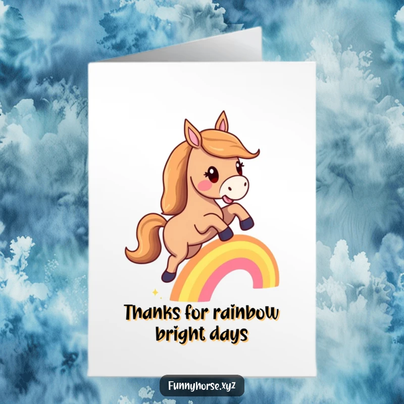 Funny Free Printable Thank You Card: A happy horse with a flowing mane leaping over a small rainbow, conveying thanks.