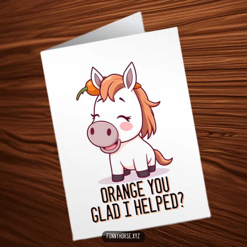 Funny Free Printable Thank You Card: A horse with a joyful giggle attempting to balance a carrot perfectly on its head.