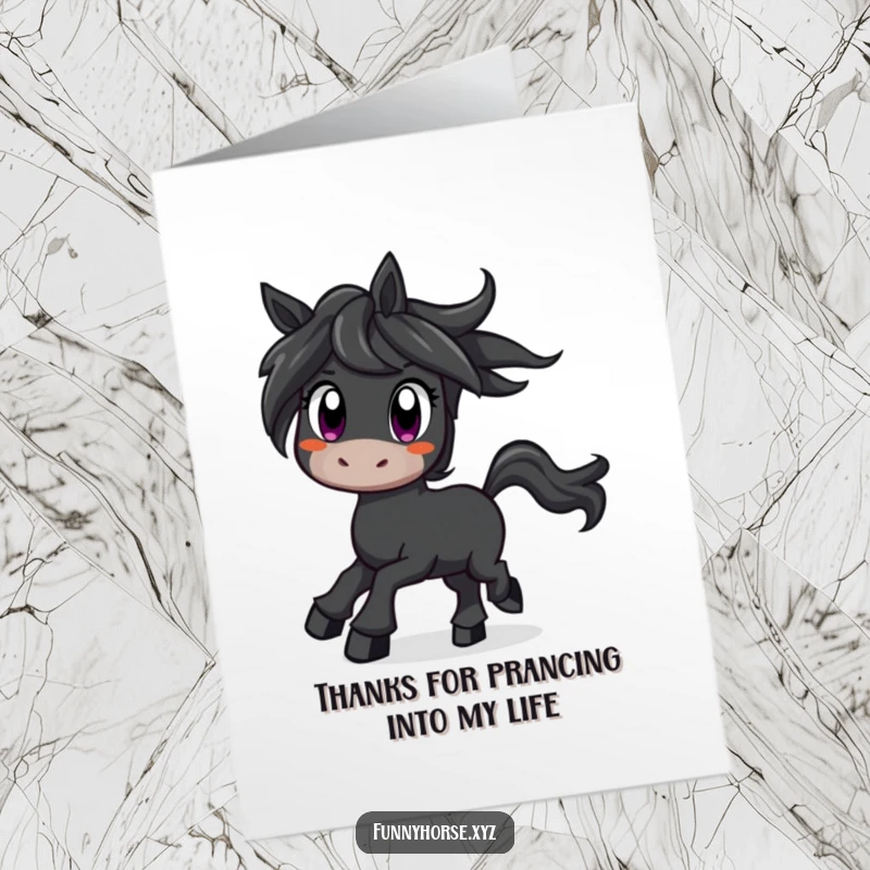 Funny Free Printable Thank You Card of a curious black horse with wide eyes prancing with excitement, showing eager gratitude.