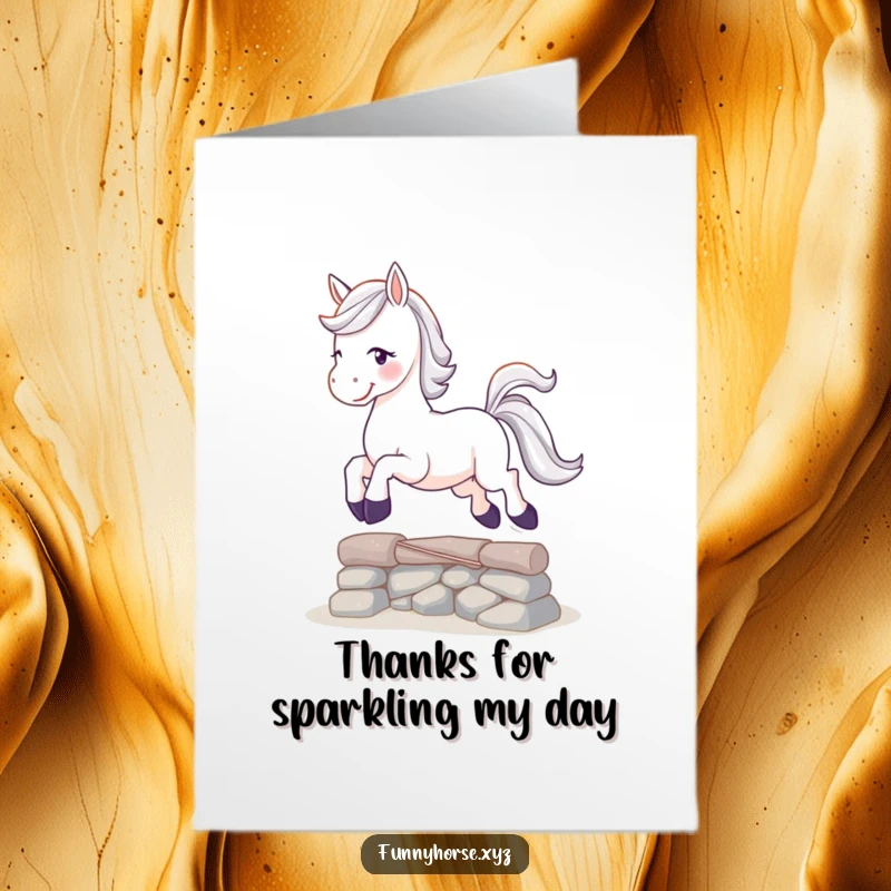 Funny Free Printable Thank You Card of a playful white horse with a sparkling tail leaping joyfully over a small obstacle.
