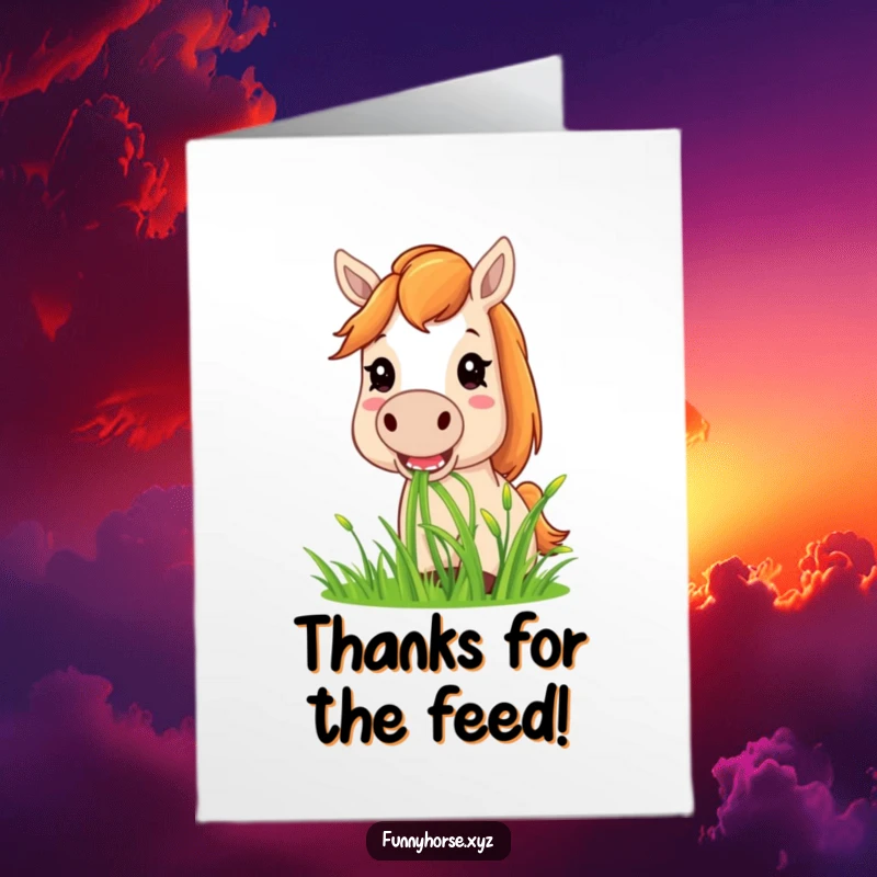 Funny Free Printable Thank You Card: A happy horse blissfully eating a large mouthful of delicious grass.