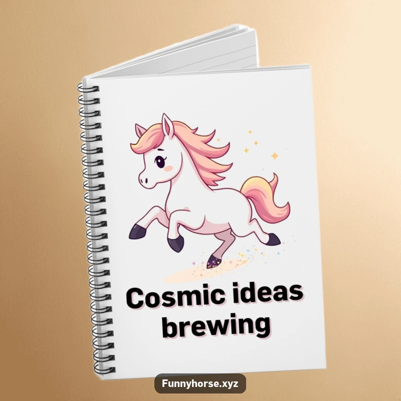Funny notebook with an energetic horse kicking up shimmering stardust, perfect for jotting down cosmic ideas with humor.