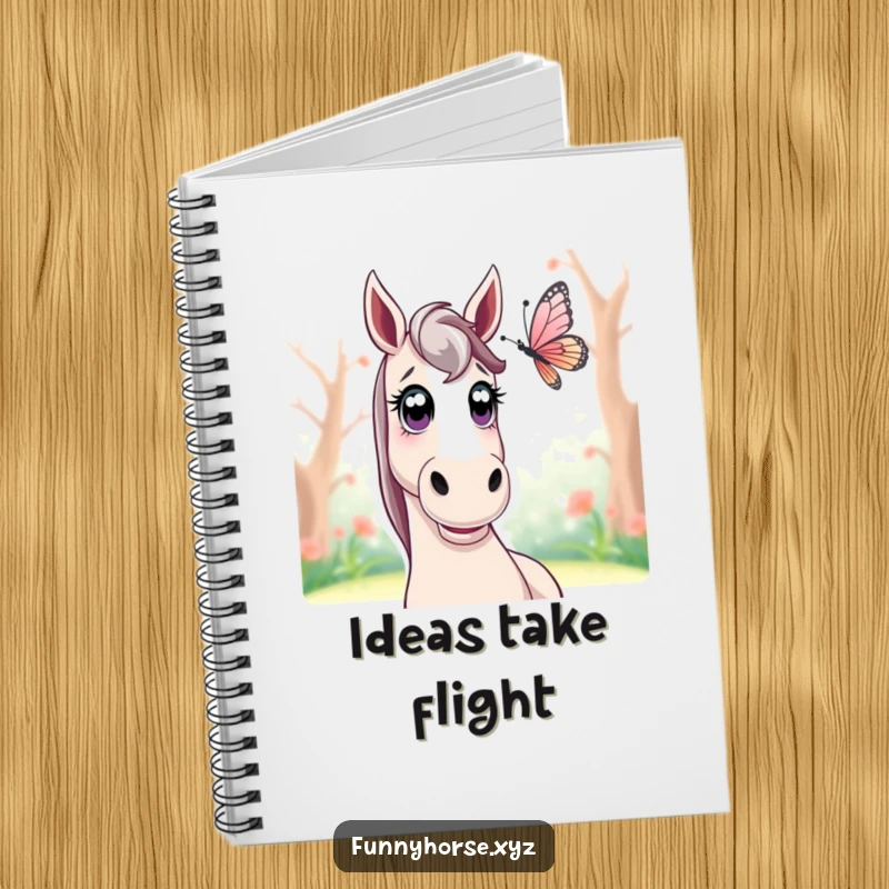 Funny surprised horse notebook cover with a horse having wide eyes watching a fluttering butterfly, encouraging thoughtful writing.
