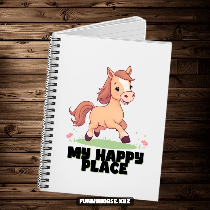 Funny notebook with a joyful horse prancing happily in a meadow, perfect for journaling bright ideas with humor.