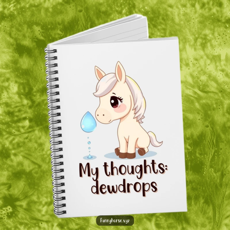 Funny notebook with a curious horse gently nudging a giant, sparkling dewdrop, ideal for capturing thoughts with humorous inspiration.