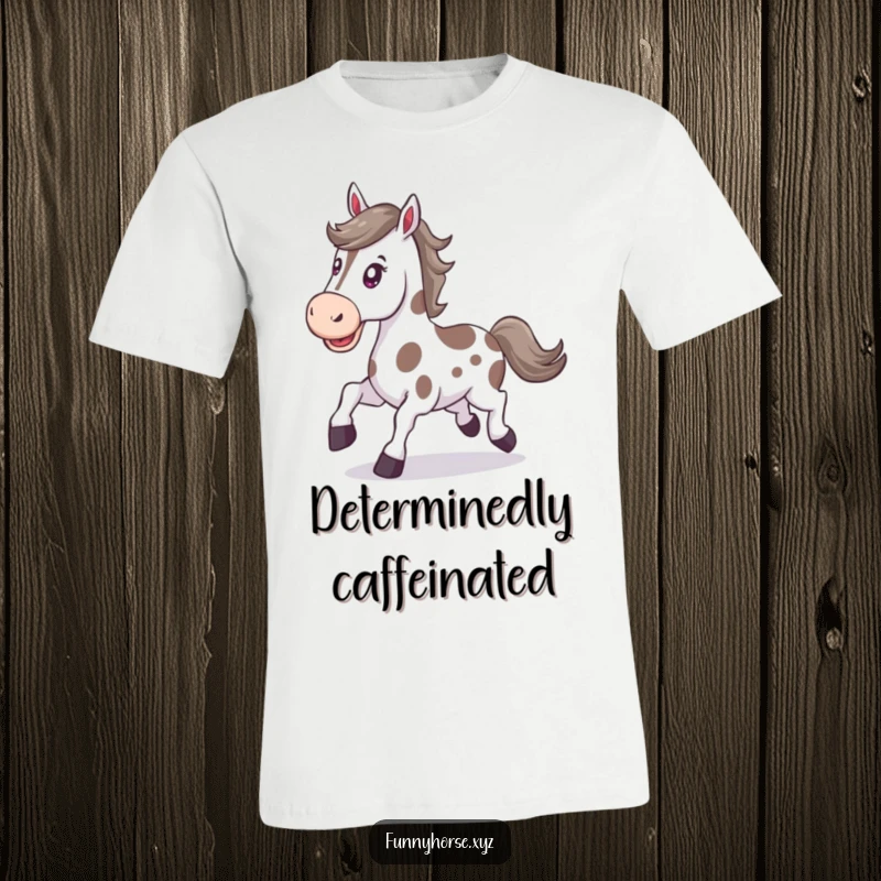 Funny happy spotted horse with a determined expression trots energetically, a humorous t-shirt for motivated individuals.