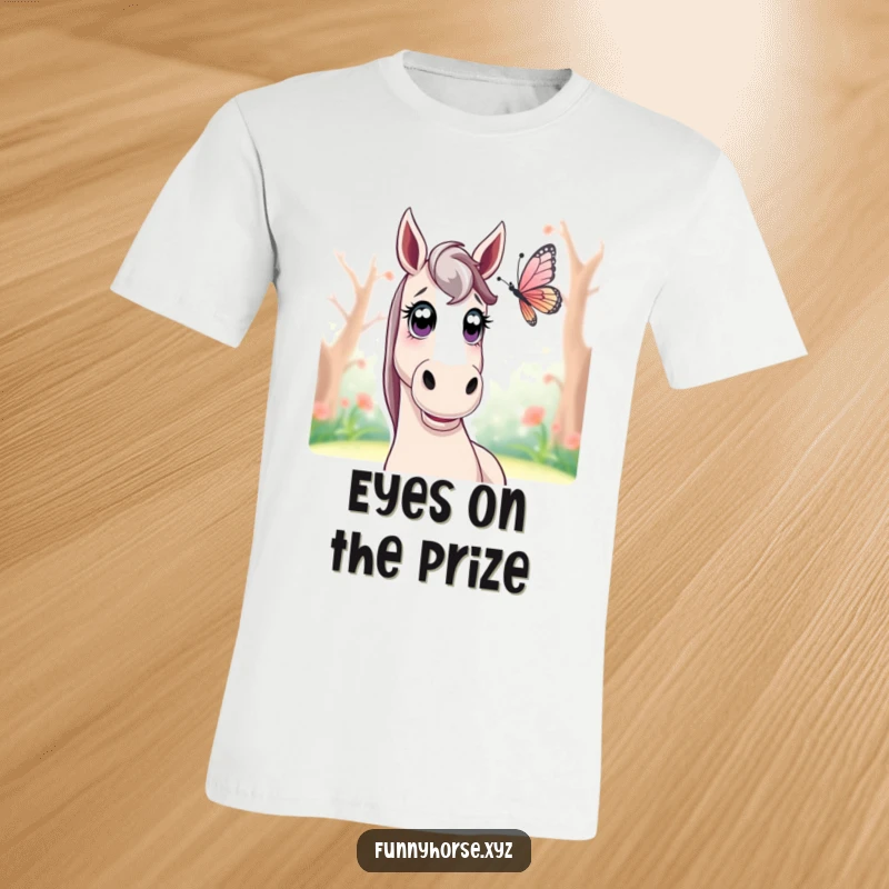 Funny surprised horse t-shirt: a horse with wide eyes is captivated by a delicate, fluttering butterfly, showcasing gentle curiosity.