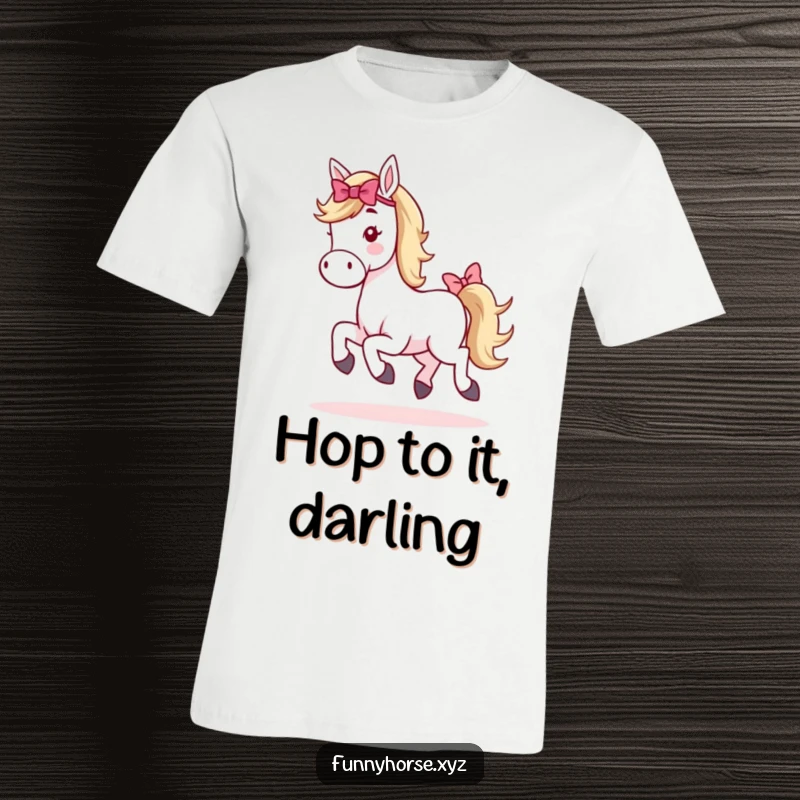 Funny whimsical horse t-shirt: an adorable horse with a decorated tail hops playfully, radiating cheerful energy.