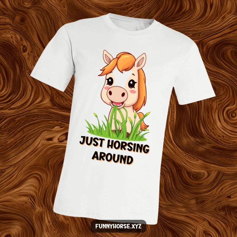 Funny horse t-shirt with a happy horse enthusiastically munching on a pile of sweet green grass, looking content and full of life.