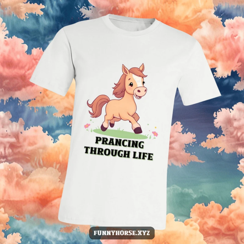 Funny t-shirt depicting a joyful horse with a bright smile, prancing with glee in a sunlit meadow.