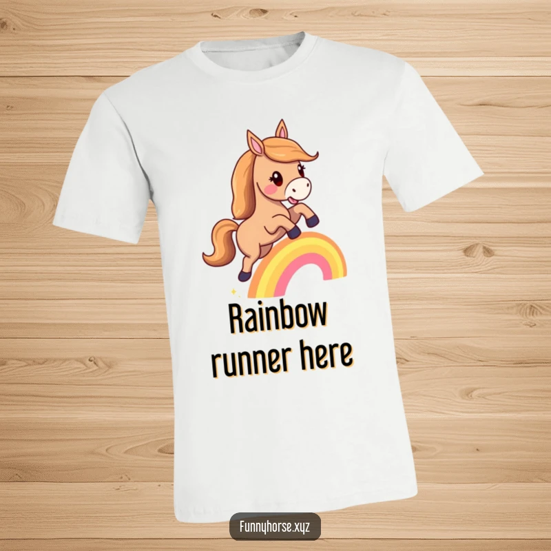 Funny t-shirt: A happy horse with a flowing mane leaps over a tiny rainbow, embodying cheerful optimism and magical fun.