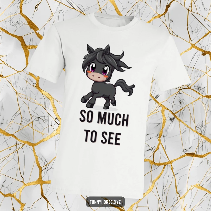 Funny curious black horse with wide eyes prancing with excitement, a humorous t-shirt for those who love horses.