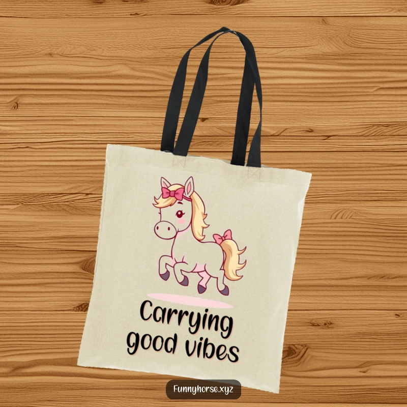Funny whimsical horse tote bag with a cute horse and a bow on its tail, captured mid-hop, exuding charm and fun.