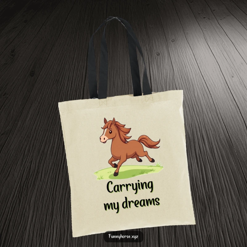 Funny proud brown horse with a flowing mane galloping joyfully across green fields, a humorous and practical tote bag.