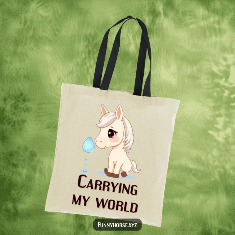Funny tote bag with a curious horse nudging a giant sparkling dewdrop, perfect for carrying groceries with a smile.
