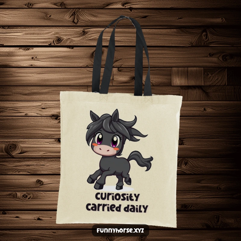 Funny curious black horse with wide eyes prancing with excitement, a humorous and practical tote bag.