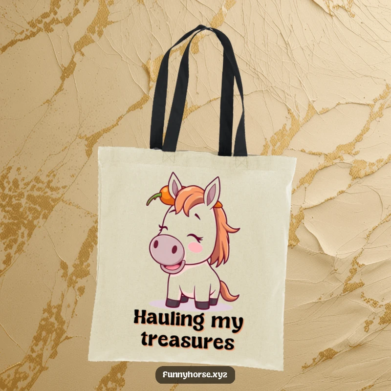 Funny giggling horse tote bag featuring a horse trying to balance a carrot on its head, ideal for carrying items with humor.
