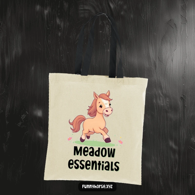 Funny tote bag with a joyful horse prancing happily in a meadow, perfect for carrying essentials with cheer.