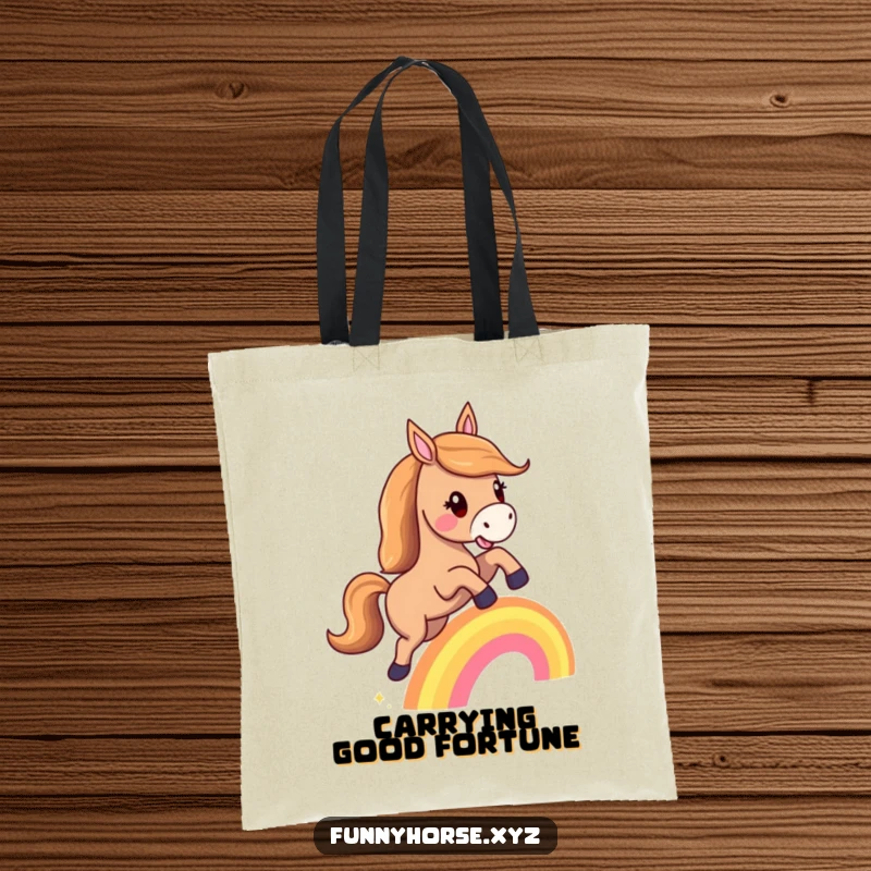 Funny tote bag: A happy horse with a flowing mane joyfully leaps over a tiny rainbow, showcasing its magical spirit.