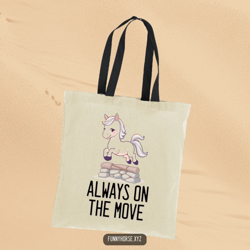 Funny playful white horse with a sparkling tail leaping over a small obstacle, a humorous and practical tote bag.