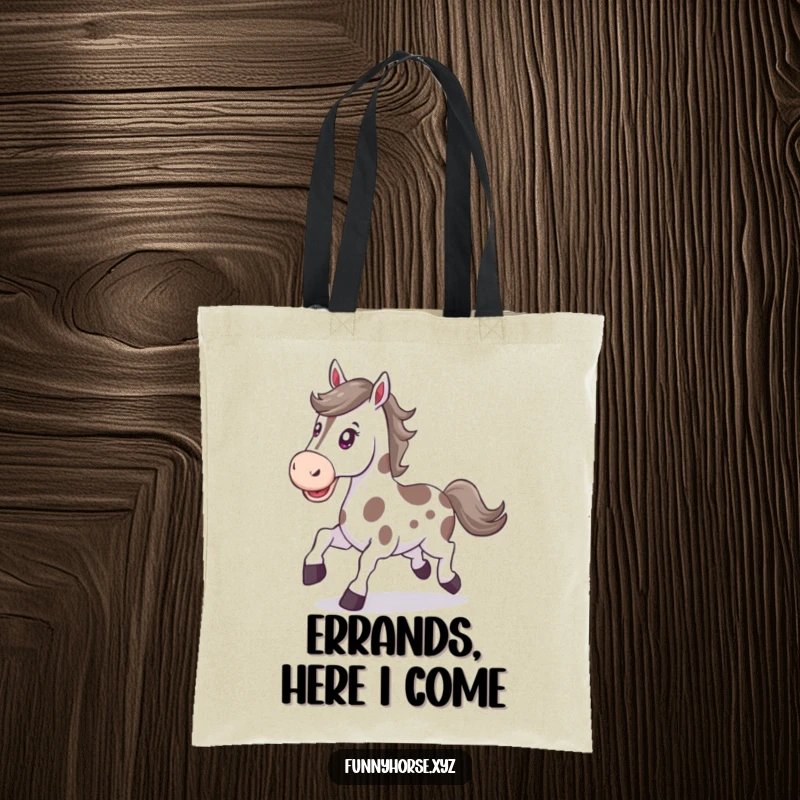 Funny happy spotted horse with a determined expression trots energetically, a humorous and practical tote bag.